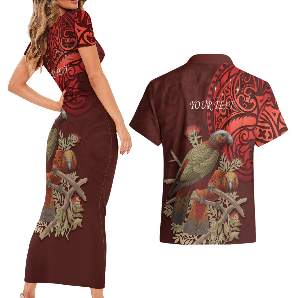 New Zealand Kaka Bird Personalised Couples Matching Short Sleeve Bodycon Dress and Hawaiian Shirt Pohutukawa Matariki Maori Pattern LT22 - Polynesian Pride