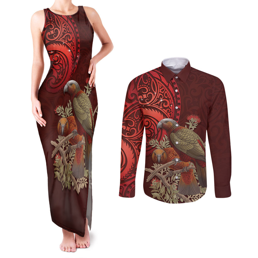 New Zealand Kaka Bird Personalised Couples Matching Tank Maxi Dress and Long Sleeve Button Shirt Pohutukawa Matariki Maori Pattern LT22 Red - Polynesian Pride