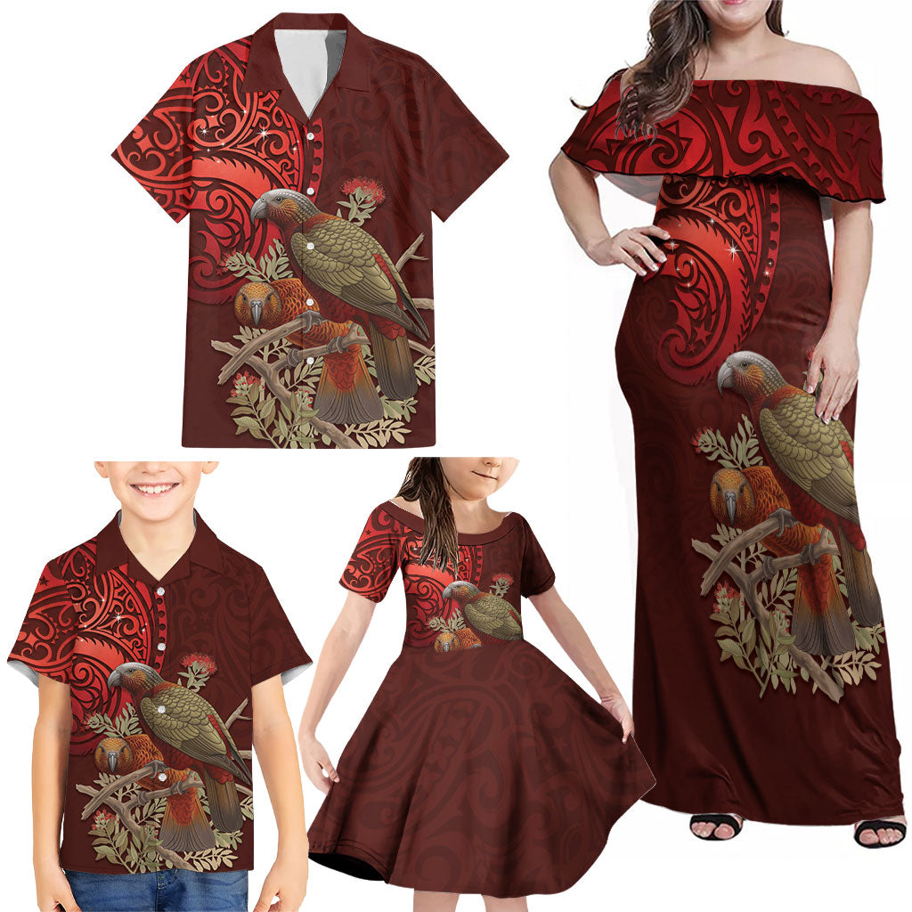 New Zealand Kaka Bird Personalised Family Matching Off Shoulder Maxi Dress and Hawaiian Shirt Pohutukawa Matariki Maori Pattern LT22 - Polynesian Pride