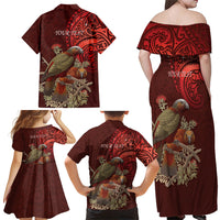 New Zealand Kaka Bird Personalised Family Matching Off Shoulder Maxi Dress and Hawaiian Shirt Pohutukawa Matariki Maori Pattern LT22 - Polynesian Pride