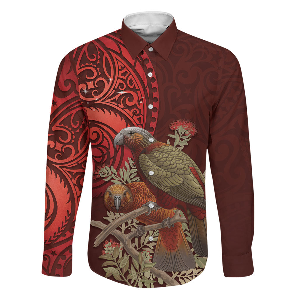 New Zealand Kaka Bird Personalised Family Matching Off Shoulder Short Dress and Hawaiian Shirt Pohutukawa Matariki Maori Pattern LT22 Dad's Shirt - Long Sleeve Red - Polynesian Pride