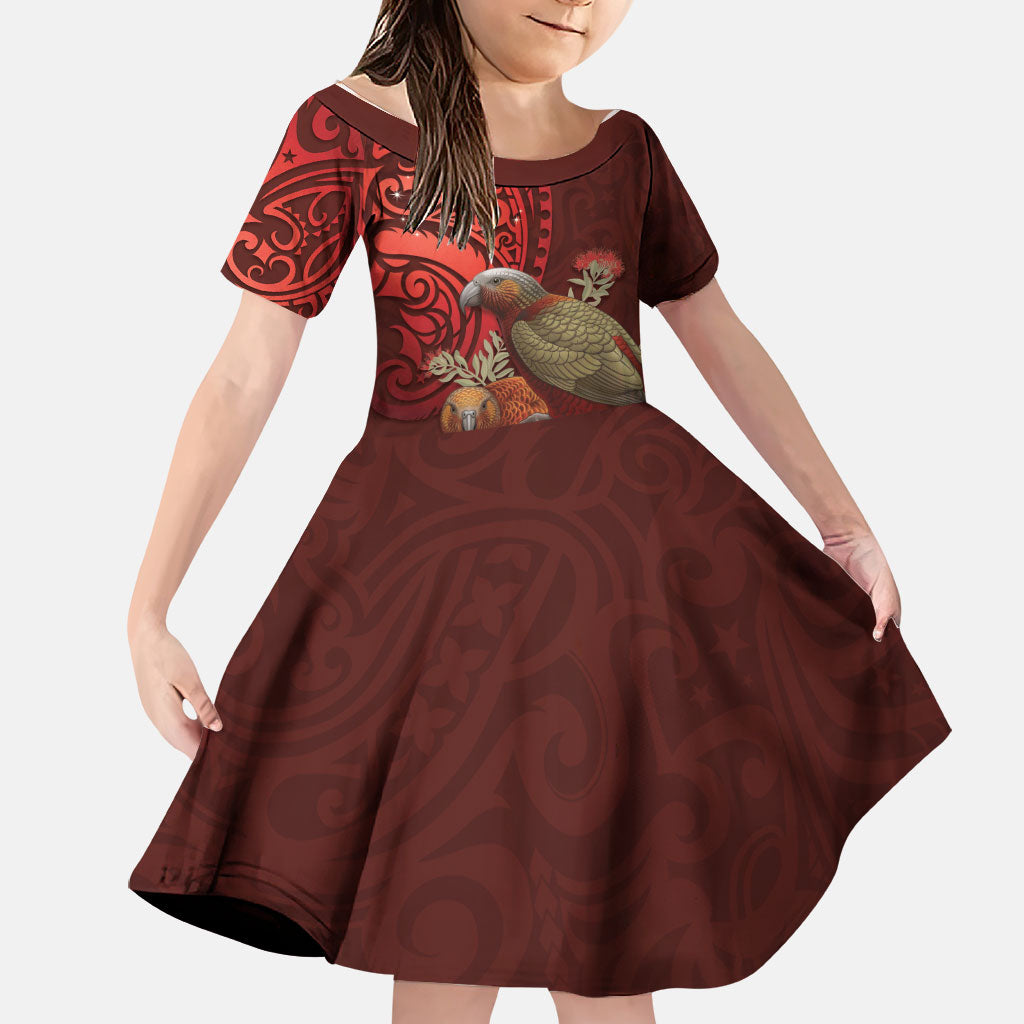 New Zealand Kaka Bird Personalised Family Matching Puletasi and Hawaiian Shirt Pohutukawa Matariki Maori Pattern LT22 Daughter's Dress Red - Polynesian Pride