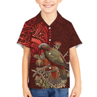 New Zealand Kaka Bird Personalised Family Matching Puletasi and Hawaiian Shirt Pohutukawa Matariki Maori Pattern LT22 Son's Shirt Red - Polynesian Pride