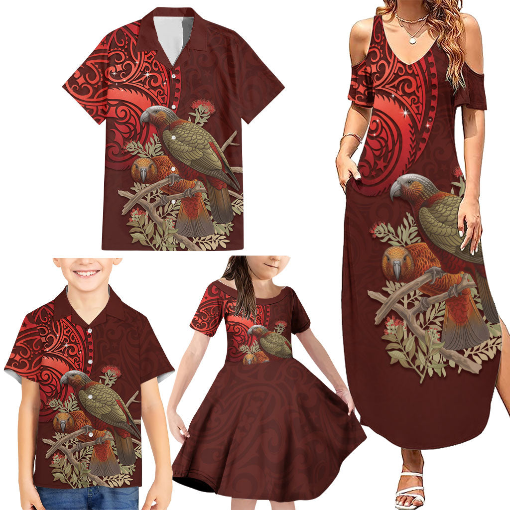 New Zealand Kaka Bird Personalised Family Matching Summer Maxi Dress and Hawaiian Shirt Pohutukawa Matariki Maori Pattern LT22 - Polynesian Pride