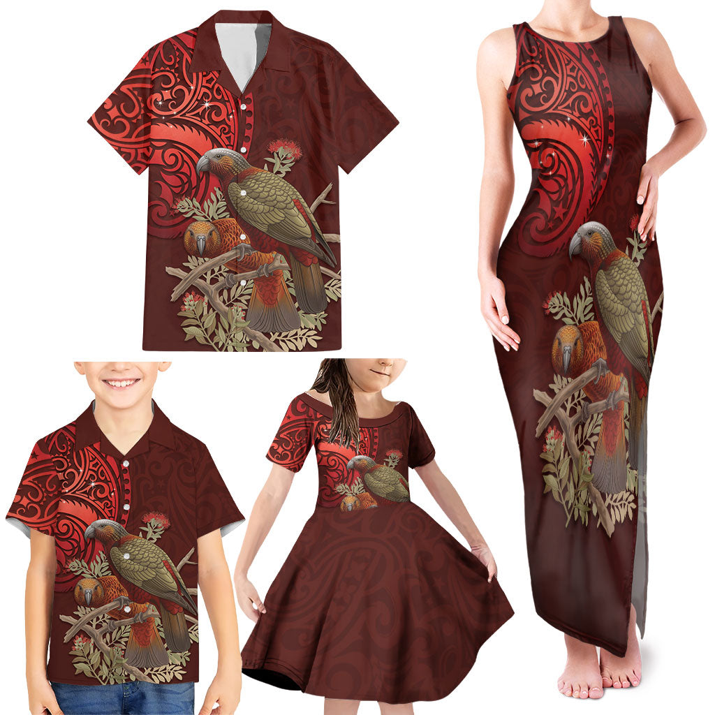 New Zealand Kaka Bird Personalised Family Matching Tank Maxi Dress and Hawaiian Shirt Pohutukawa Matariki Maori Pattern LT22 - Polynesian Pride
