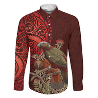 New Zealand Kaka Bird Personalised Family Matching Tank Maxi Dress and Hawaiian Shirt Pohutukawa Matariki Maori Pattern LT22 Dad's Shirt - Long Sleeve Red - Polynesian Pride