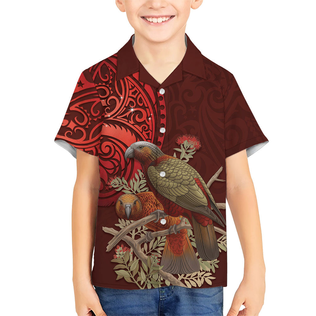 New Zealand Kaka Bird Personalised Family Matching Tank Maxi Dress and Hawaiian Shirt Pohutukawa Matariki Maori Pattern LT22 Son's Shirt Red - Polynesian Pride