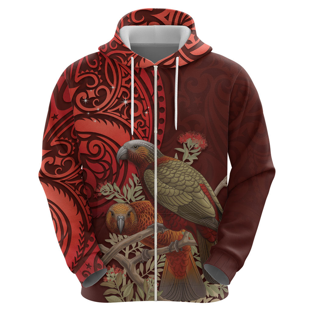 New Zealand Kaka Bird Personalised Hoodie Pohutukawa Matariki Maori Pattern