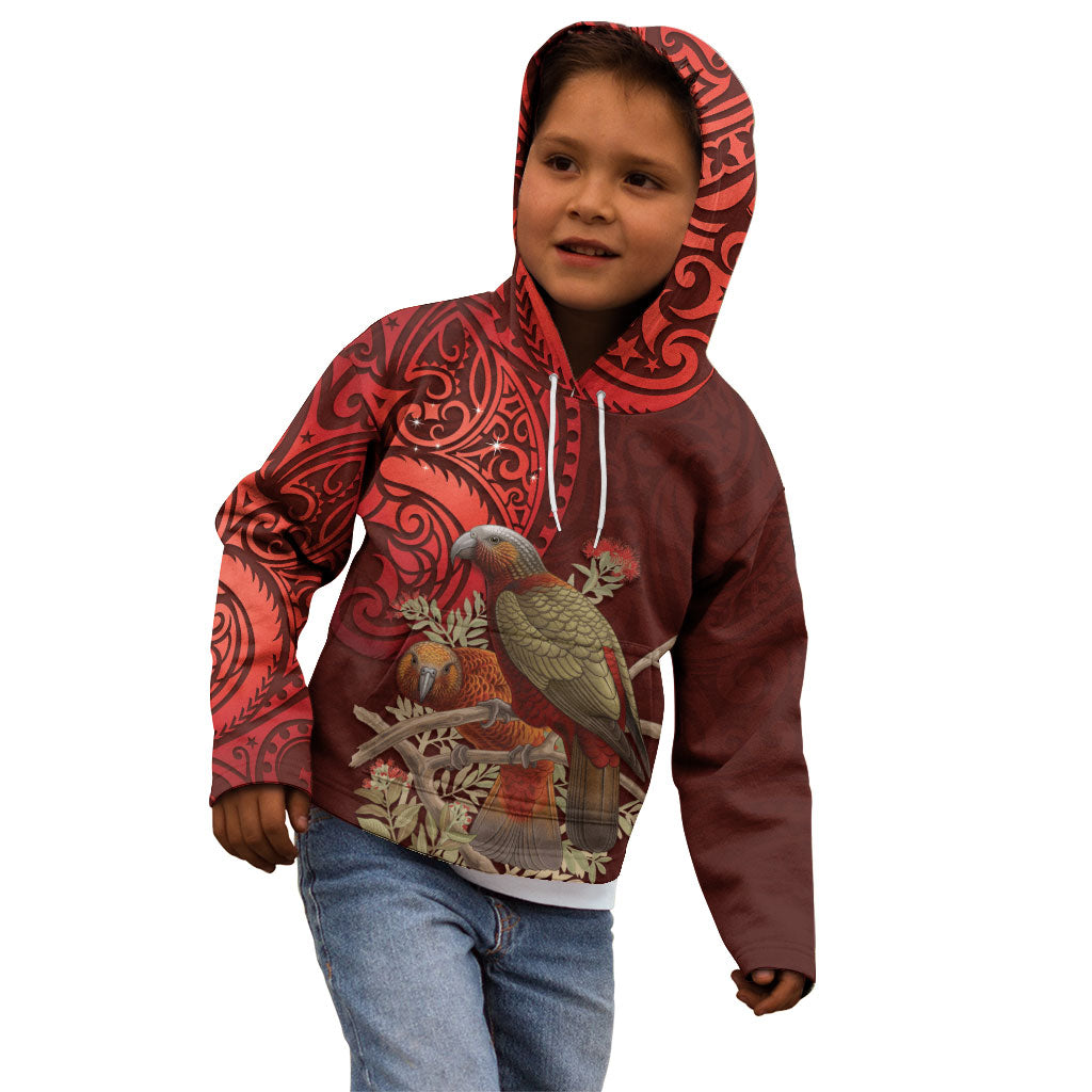 New Zealand Kaka Bird Personalised Kid Hoodie Pohutukawa Matariki Maori Pattern LT22 - Polynesian Pride