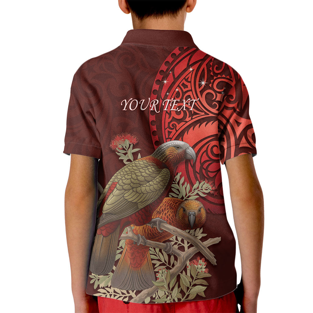 New Zealand Kaka Bird Personalised Kid Polo Shirt Pohutukawa Matariki Maori Pattern