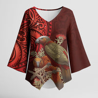 New Zealand Kaka Bird Personalised Kimono Sleeve Blouse Pohutukawa Matariki Maori Pattern LT22 Female Red - Polynesian Pride