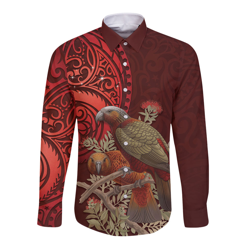 New Zealand Kaka Bird Personalised Long Sleeve Button Shirt Pohutukawa Matariki Maori Pattern