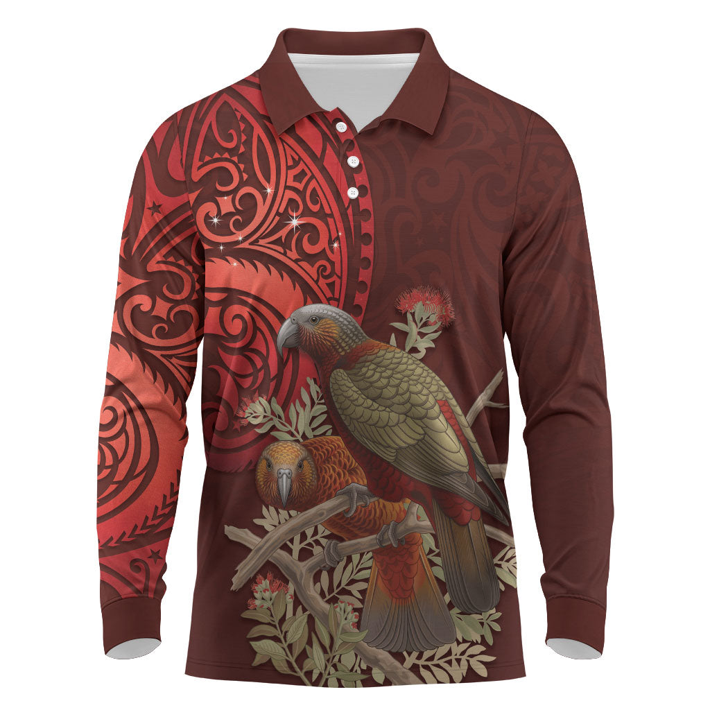 New Zealand Kaka Bird Personalised Long Sleeve Polo Shirt Pohutukawa Matariki Maori Pattern LT22 Red - Polynesian Pride