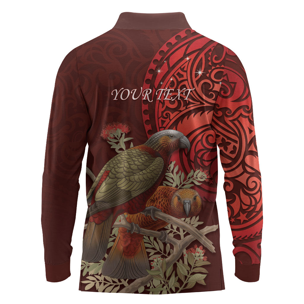New Zealand Kaka Bird Personalised Long Sleeve Polo Shirt Pohutukawa Matariki Maori Pattern LT22 - Polynesian Pride