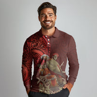 New Zealand Kaka Bird Personalised Long Sleeve Polo Shirt Pohutukawa Matariki Maori Pattern LT22 - Polynesian Pride