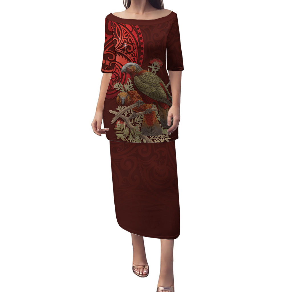 New Zealand Kaka Bird Personalised Puletasi Pohutukawa Matariki Maori Pattern LT22 Long Dress Red - Polynesian Pride
