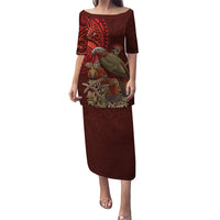 New Zealand Kaka Bird Personalised Puletasi Pohutukawa Matariki Maori Pattern LT22 Long Dress Red - Polynesian Pride