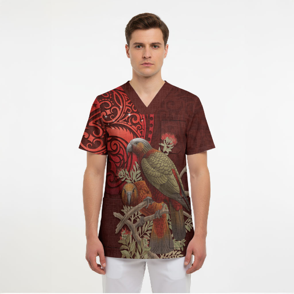 New Zealand Kaka Bird Personalised Scrub Top Pohutukawa Matariki Maori Pattern