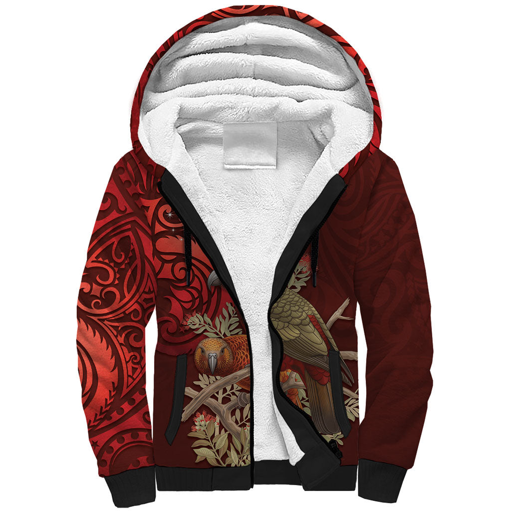 New Zealand Kaka Bird Personalised Sherpa Hoodie Pohutukawa Matariki Maori Pattern LT22 Unisex Red - Polynesian Pride