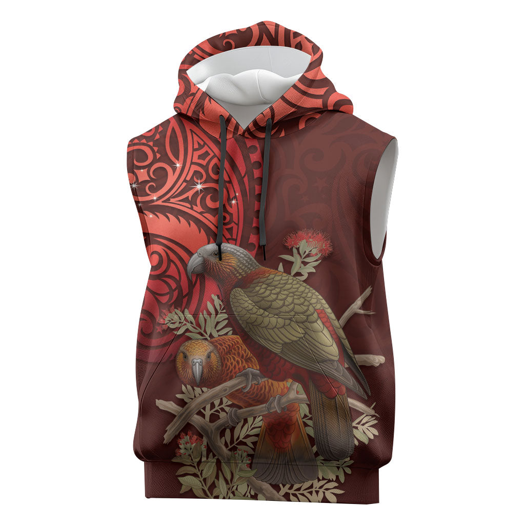 New Zealand Kaka Bird Personalised Sleeveless Hoodie Pohutukawa Matariki Maori Pattern LT22 Red - Polynesian Pride