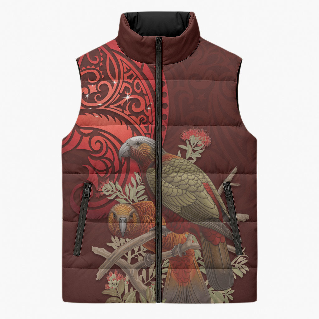 New Zealand Kaka Bird Personalised Sleeveless Puffer Jacket Pohutukawa Matariki Maori Pattern LT22 Unisex Red - Polynesian Pride