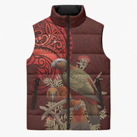 New Zealand Kaka Bird Personalised Sleeveless Puffer Jacket Pohutukawa Matariki Maori Pattern LT22 Unisex Red - Polynesian Pride