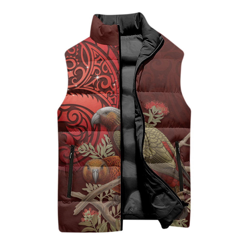 New Zealand Kaka Bird Personalised Sleeveless Puffer Jacket Pohutukawa Matariki Maori Pattern LT22 - Polynesian Pride