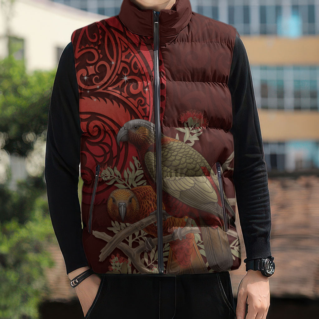 New Zealand Kaka Bird Personalised Sleeveless Puffer Jacket Pohutukawa Matariki Maori Pattern LT22 - Polynesian Pride