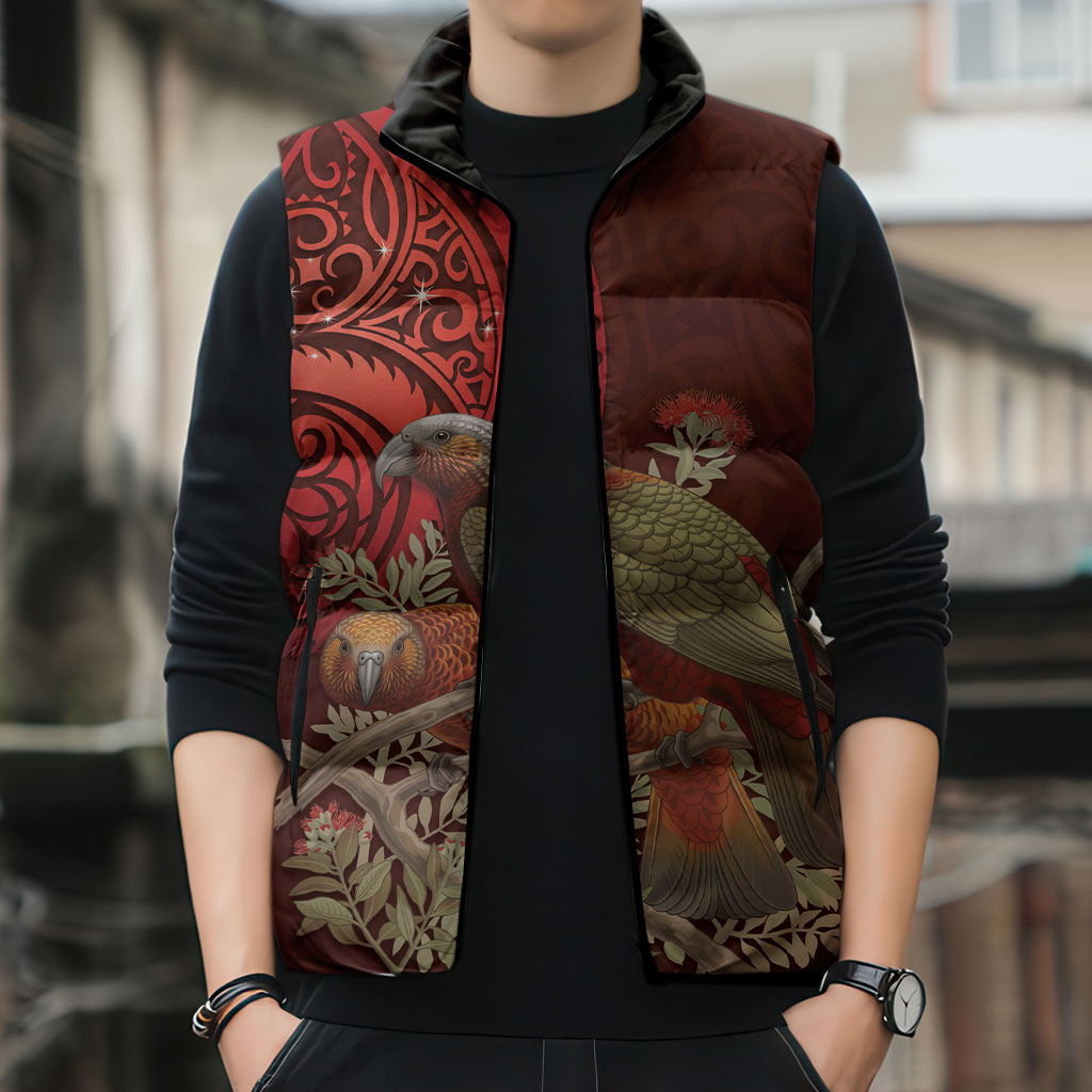 New Zealand Kaka Bird Personalised Sleeveless Puffer Jacket Pohutukawa Matariki Maori Pattern LT22 - Polynesian Pride