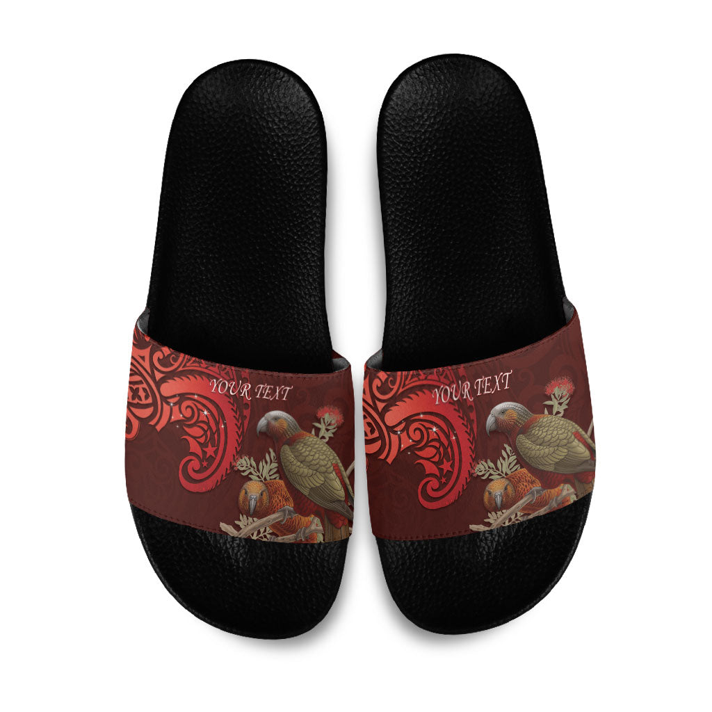 New Zealand Kaka Bird Personalised Slide Sandals Pohutukawa Matariki Maori Pattern LT22 Red - Polynesian Pride