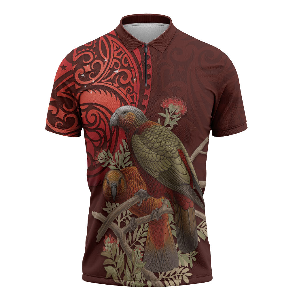 New Zealand Kaka Bird Personalised Zipper Polo Shirt Pohutukawa Matariki Maori Pattern