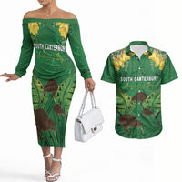 Personalised South Canterbury Anniversary Day Couples Matching Off The Shoulder Long Sleeve Dress and Hawaiian Shirt Kiwi Kowhai Silver Fern Maori Pattern LT22 Green - Polynesian Pride