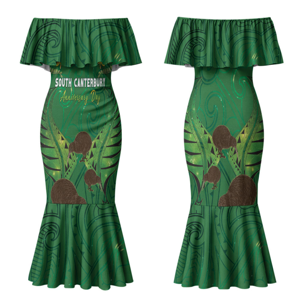 Personalised South Canterbury Anniversary Day Family Matching Mermaid Dress and Hawaiian Shirt Kiwi Kowhai Silver Fern Maori Pattern LT22 Mom's Dress Green - Polynesian Pride