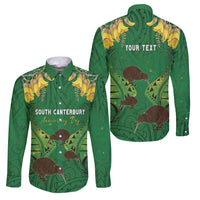 Personalised South Canterbury Anniversary Day Family Matching Off The Shoulder Long Sleeve Dress and Hawaiian Shirt Kiwi Kowhai Silver Fern Maori Pattern LT22 Dad's Shirt - Long Sleeve Green - Polynesian Pride