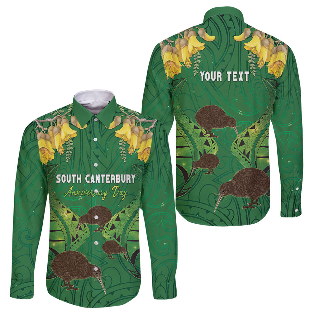 Personalised South Canterbury Anniversary Day Family Matching Puletasi and Hawaiian Shirt Kiwi Kowhai Silver Fern Maori Pattern LT22 Dad's Shirt - Long Sleeve Green - Polynesian Pride