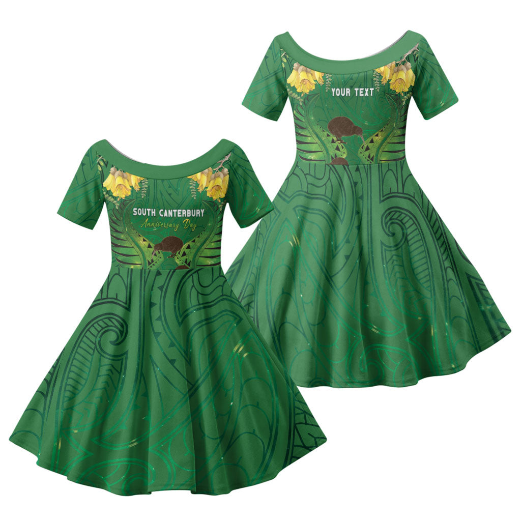 Personalised South Canterbury Anniversary Day Family Matching Summer Maxi Dress and Hawaiian Shirt Kiwi Kowhai Silver Fern Maori Pattern LT22 Daughter's Dress Green - Polynesian Pride