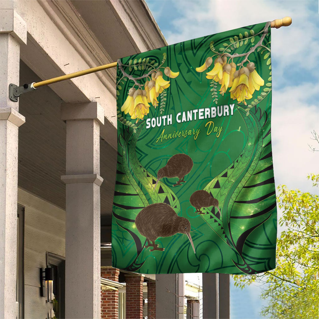 South Canterbury Anniversary Day Garden Flag Kiwi Kowhai Silver Fern Maori Pattern