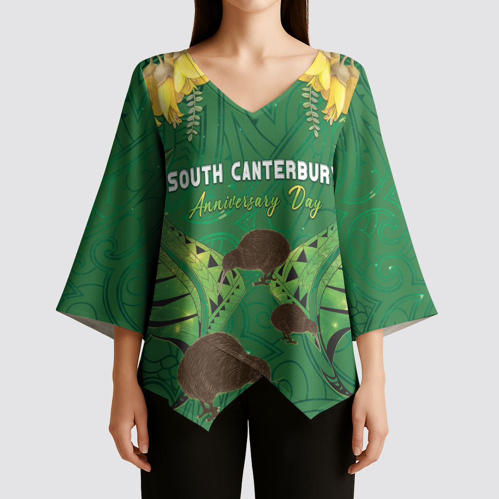Personalised South Canterbury Anniversary Day Kimono Sleeve Blouse Kiwi Kowhai Silver Fern Maori Pattern LT22 - Polynesian Pride