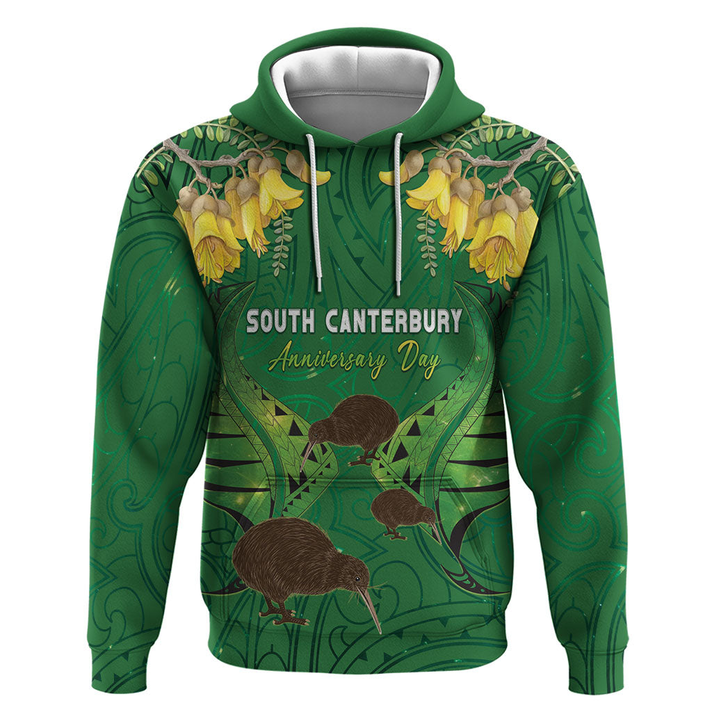 Personalised South Canterbury Anniversary Day Zip Hoodie Kiwi Kowhai Silver Fern Maori Pattern LT22 Pullover Hoodie Green - Polynesian Pride