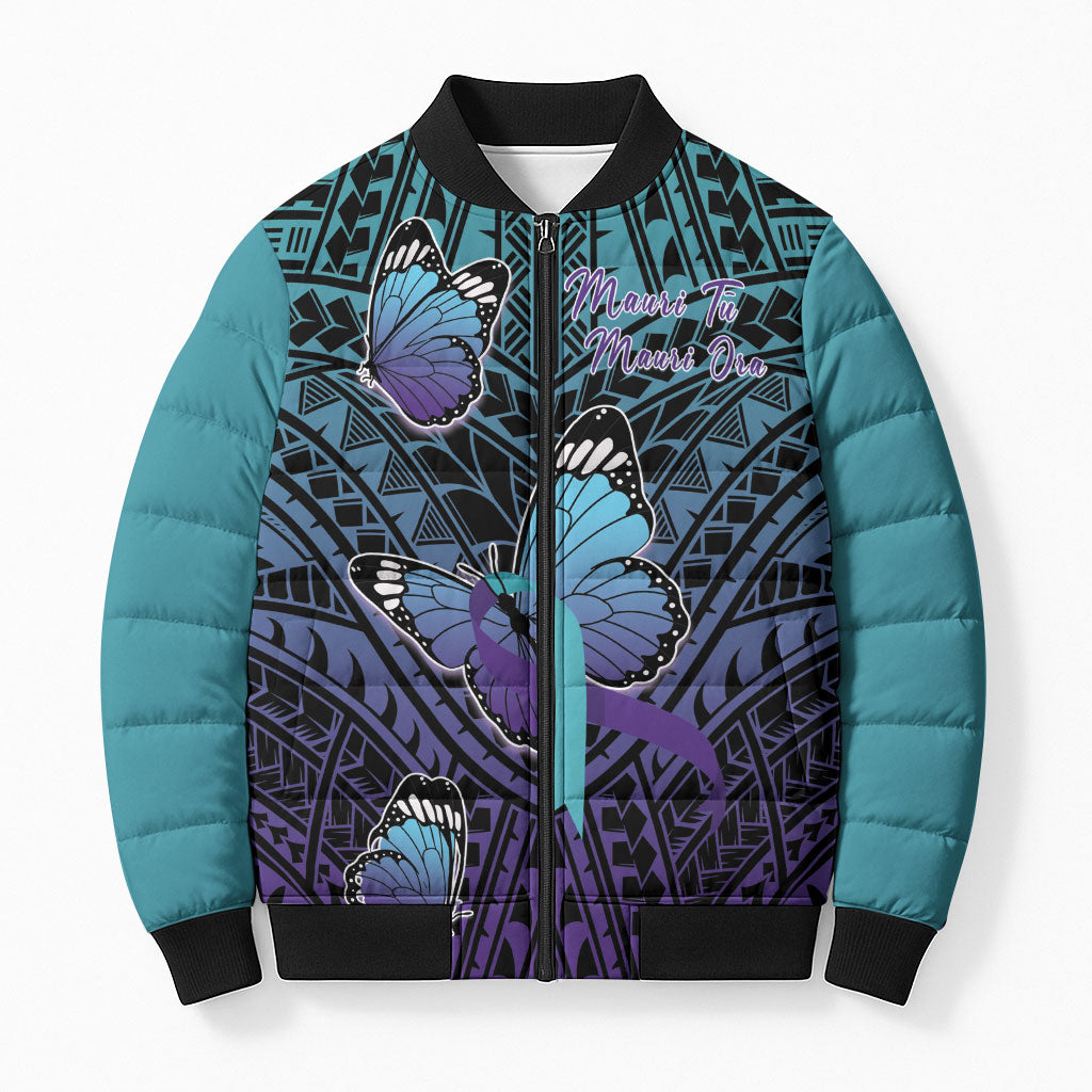 Personalised New Zealand Suicide Prevention Month Bomber Puffer Jacket Maori Mauri Tu Mauri Ora Polynesian Pattern