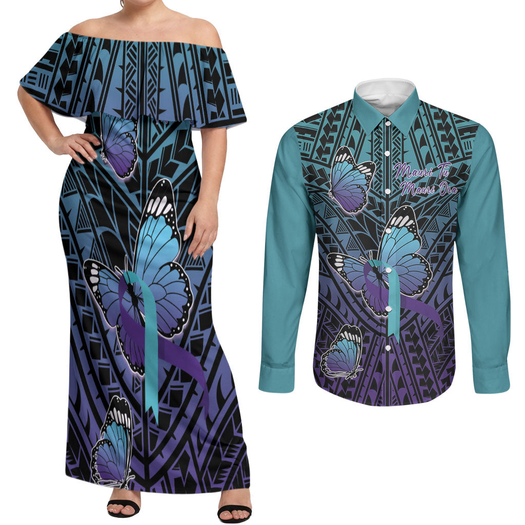 Personalised New Zealand Suicide Prevention Month Couples Matching Off Shoulder Maxi Dress and Long Sleeve Button Shirt Maori Mauri Tu Mauri Ora Polynesian Pattern LT22 Teal - Polynesian Pride