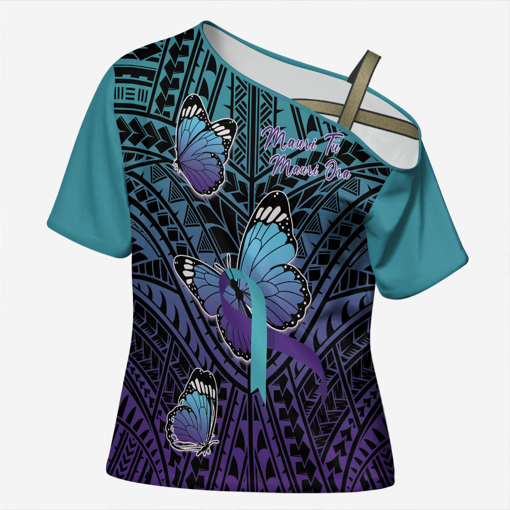 Personalised New Zealand Suicide Prevention Month Cross Shoulder Shirt Maori Mauri Tu Mauri Ora Polynesian Pattern