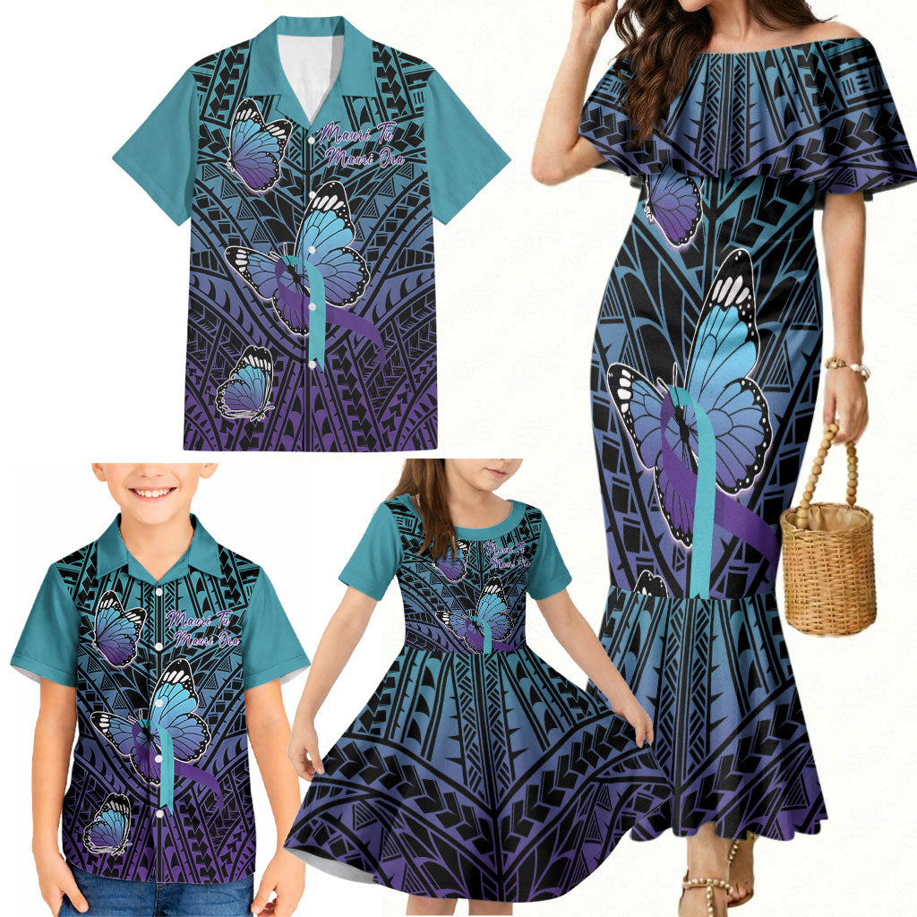 Personalised New Zealand Suicide Prevention Month Family Matching Mermaid Dress and Hawaiian Shirt Maori Mauri Tu Mauri Ora Polynesian Pattern LT22 - Polynesian Pride