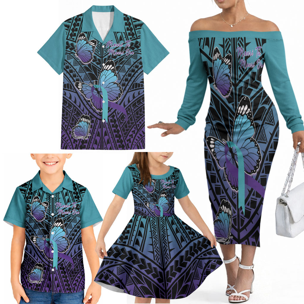 Personalised New Zealand Suicide Prevention Month Family Matching Off The Shoulder Long Sleeve Dress and Hawaiian Shirt Maori Mauri Tu Mauri Ora Polynesian Pattern LT22 - Polynesian Pride