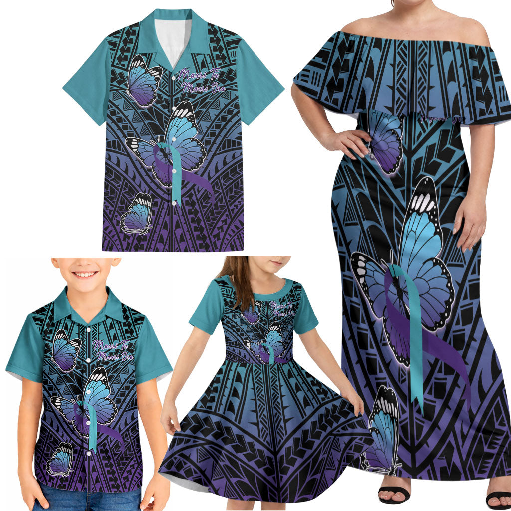 Personalised New Zealand Suicide Prevention Month Family Matching Off Shoulder Maxi Dress and Hawaiian Shirt Maori Mauri Tu Mauri Ora Polynesian Pattern LT22 - Polynesian Pride