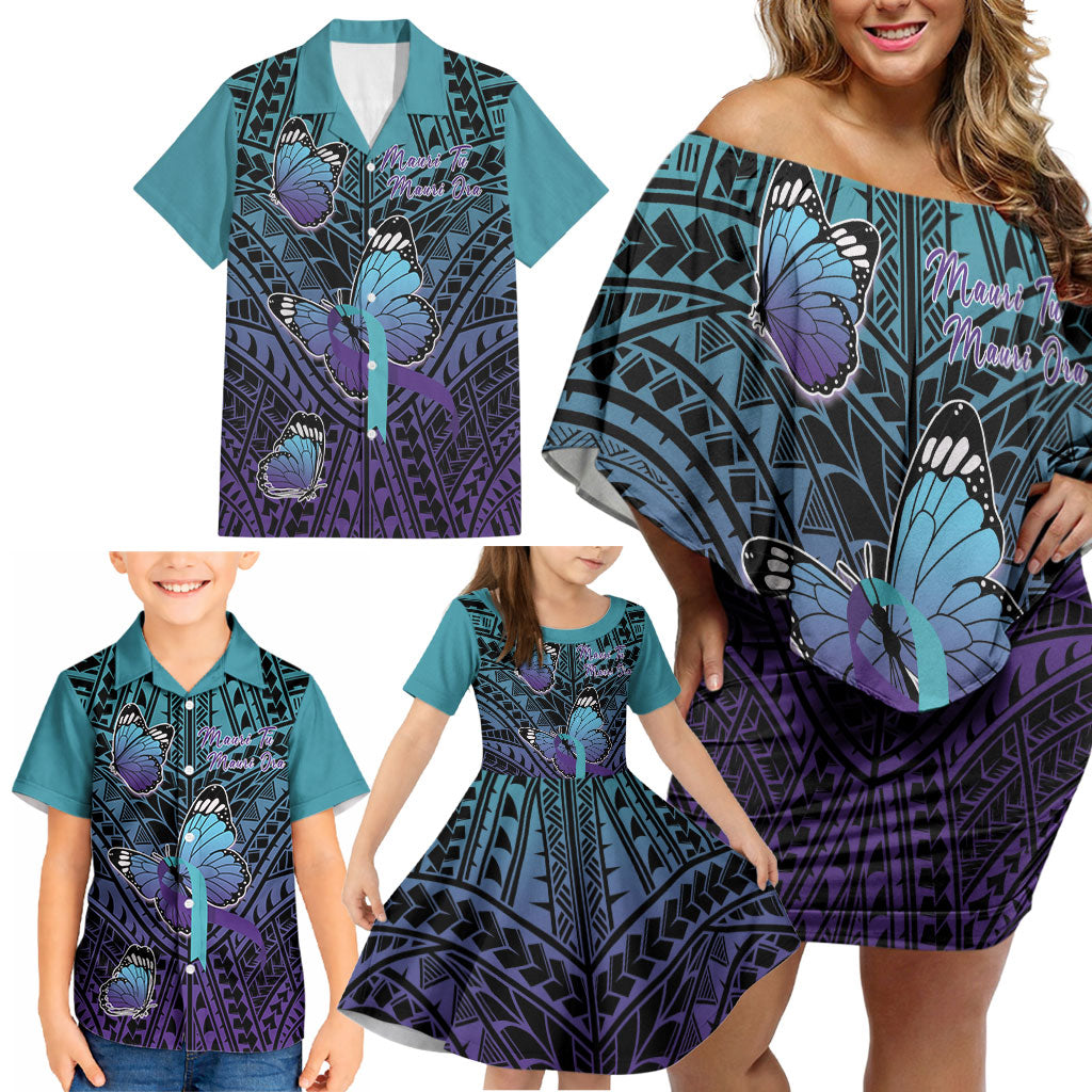 Personalised New Zealand Suicide Prevention Month Family Matching Off Shoulder Short Dress and Hawaiian Shirt Maori Mauri Tu Mauri Ora Polynesian Pattern LT22 - Polynesian Pride