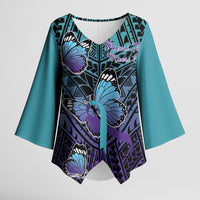 Personalised New Zealand Suicide Prevention Month Kimono Sleeve Blouse Maori Mauri Tu Mauri Ora Polynesian Pattern LT22 Female Teal - Polynesian Pride