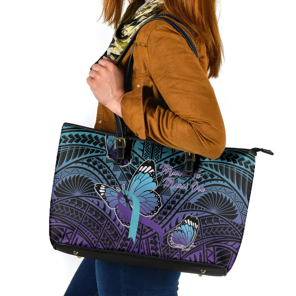 New Zealand Suicide Prevention Month Leather Tote Bag Maori Mauri Tu Mauri Ora Polynesian Pattern