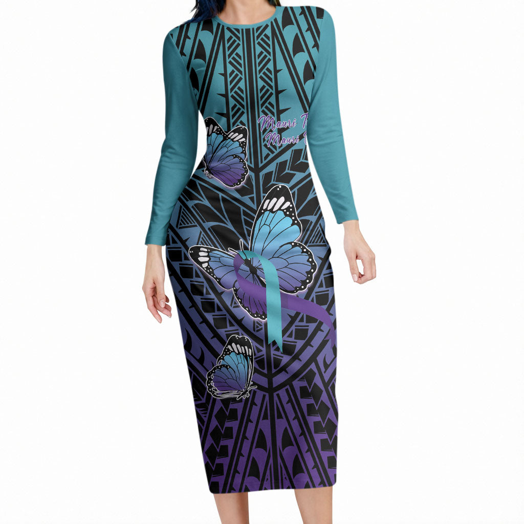 Personalised New Zealand Suicide Prevention Month Long Sleeve Bodycon Dress Maori Mauri Tu Mauri Ora Polynesian Pattern