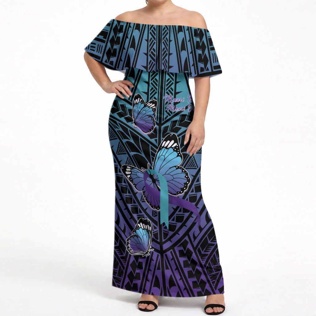 Personalised New Zealand Suicide Prevention Month Off Shoulder Maxi Dress Maori Mauri Tu Mauri Ora Polynesian Pattern